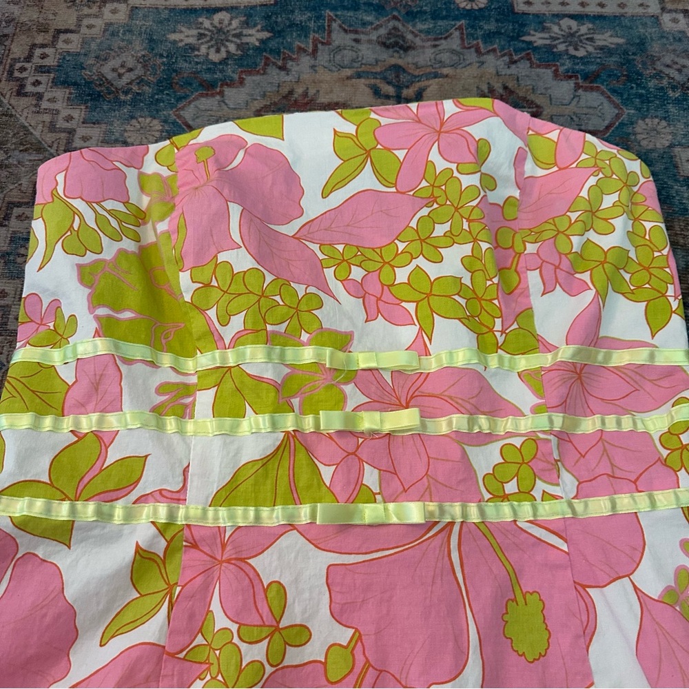 Y2k Pink and green floral print strapless dress with ruffles size 13/14 - Picture 5 of 8